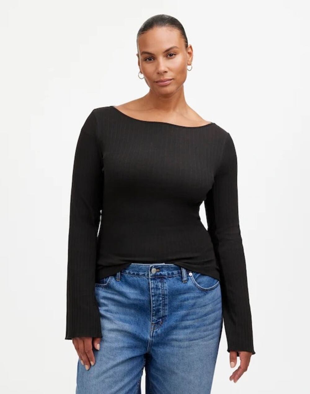 Madewell Ribbed Long Sleeve Boatneck Top Size L NWT Black